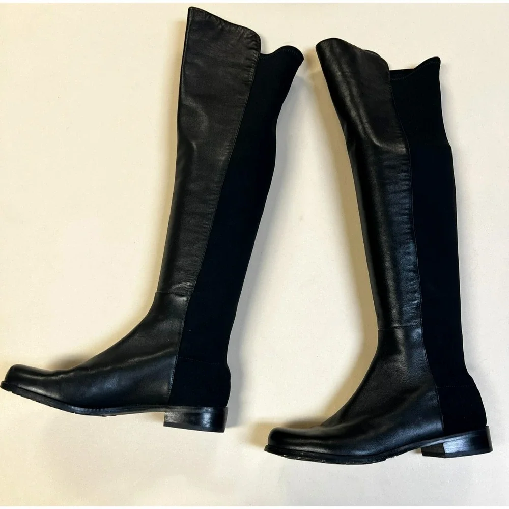 Stuart Weitzman 50/50 Over the Knee Boots Black Leather /Stretch Low Heel SZ 7.5